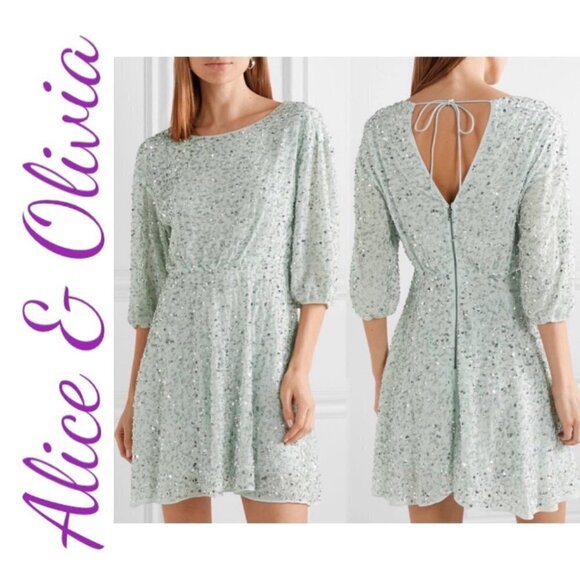 NWT ALICE & OLIVIA Sequined Metallic Light Green A-Line Mini Dress, Size 4 - Picture 1 of 12